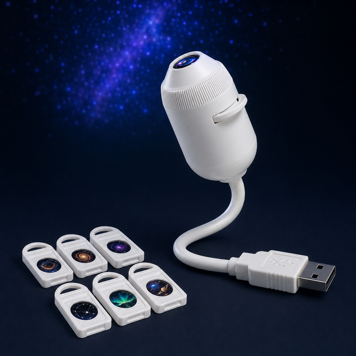 USB star projector night light with six projection slides on a midnight blue studio background