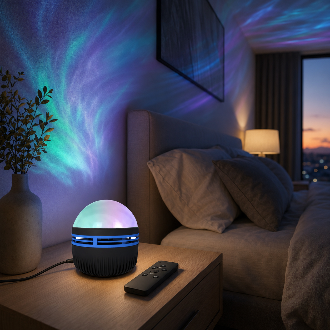 USB aurora lamp casting blue, mint, and violet light in a bedroom