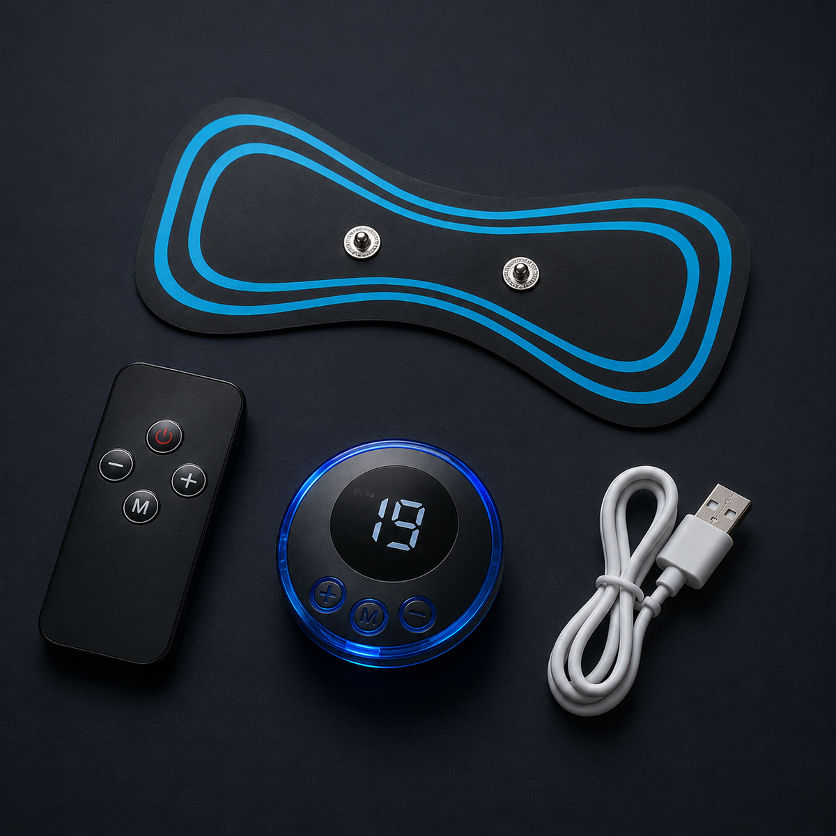 Portable EMS muscle massager pad, controller, remote, and USB cable