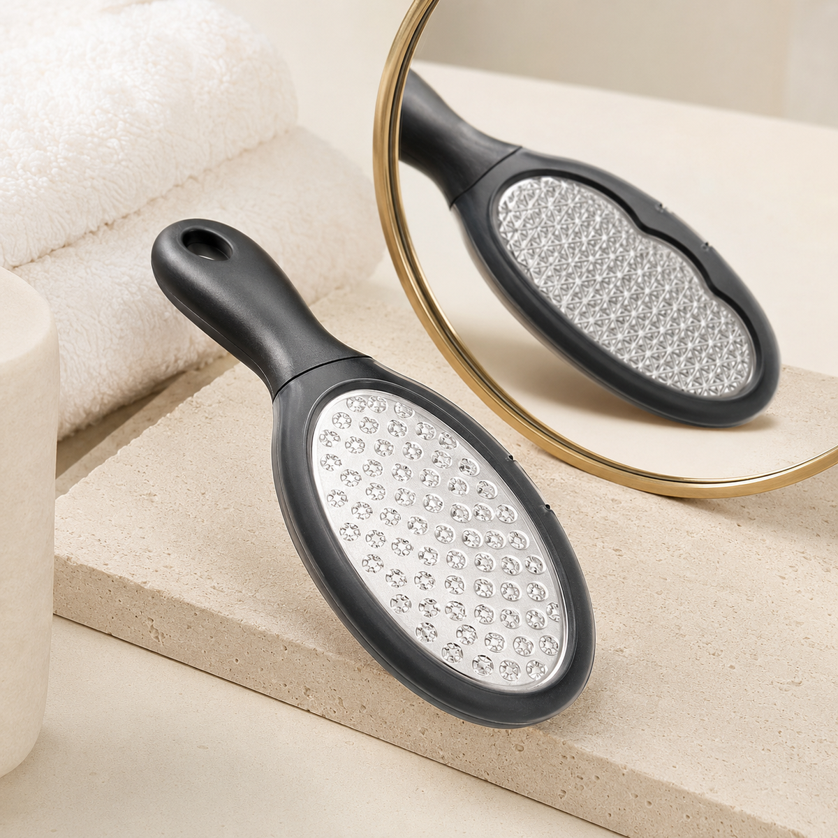 Dual-sided stainless steel foot file in a premium studio setting