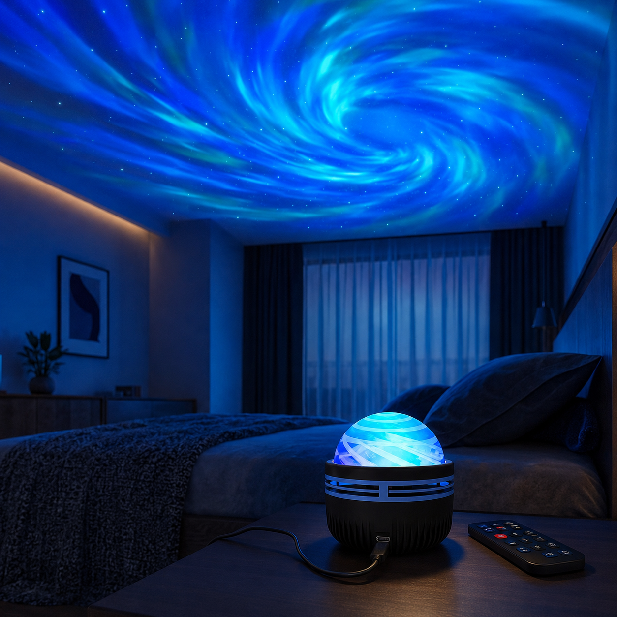 USB LED galaxy projector creating a blue ceiling pattern