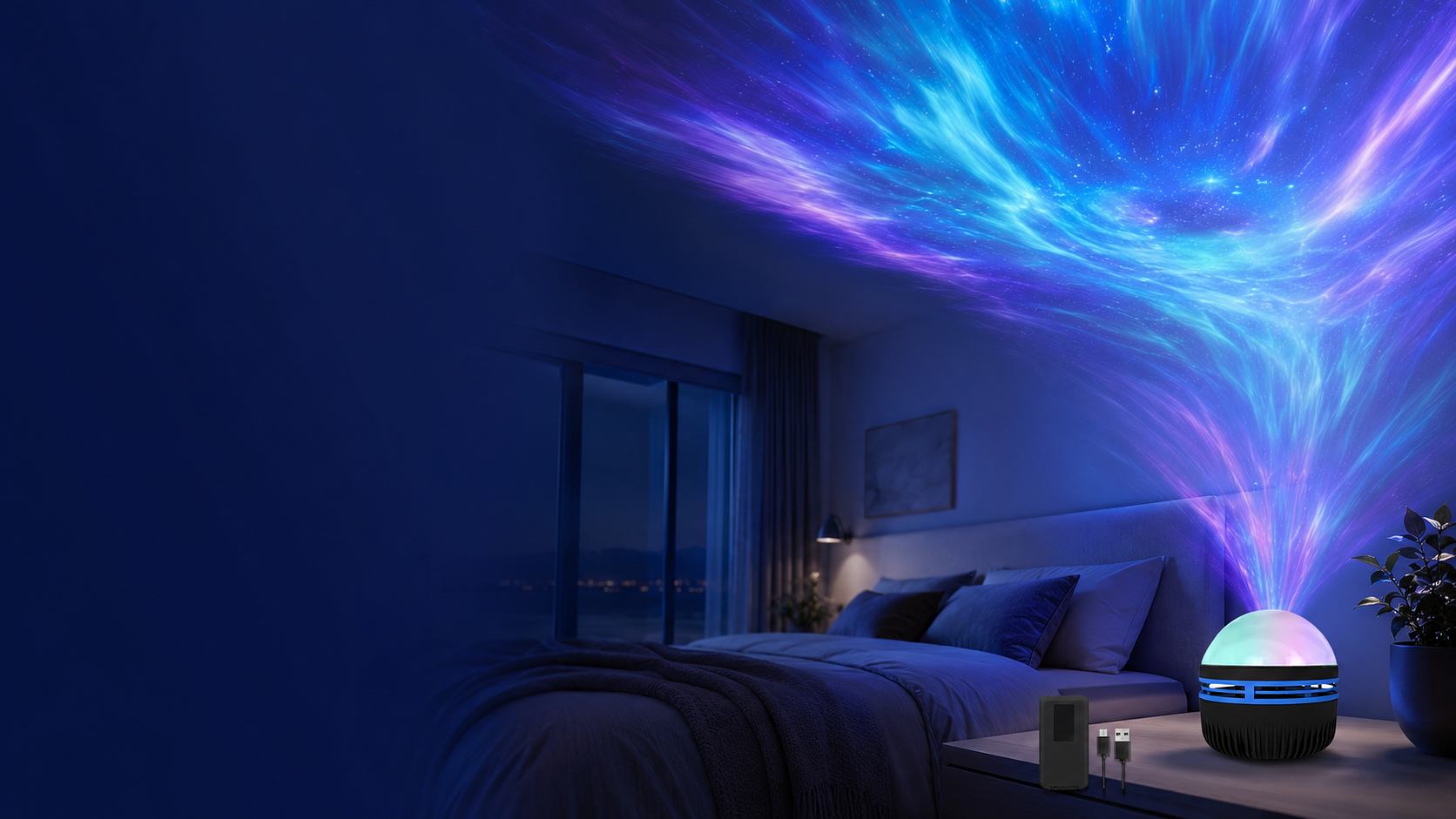 Aurora projection lamp illuminating a modern bedroom