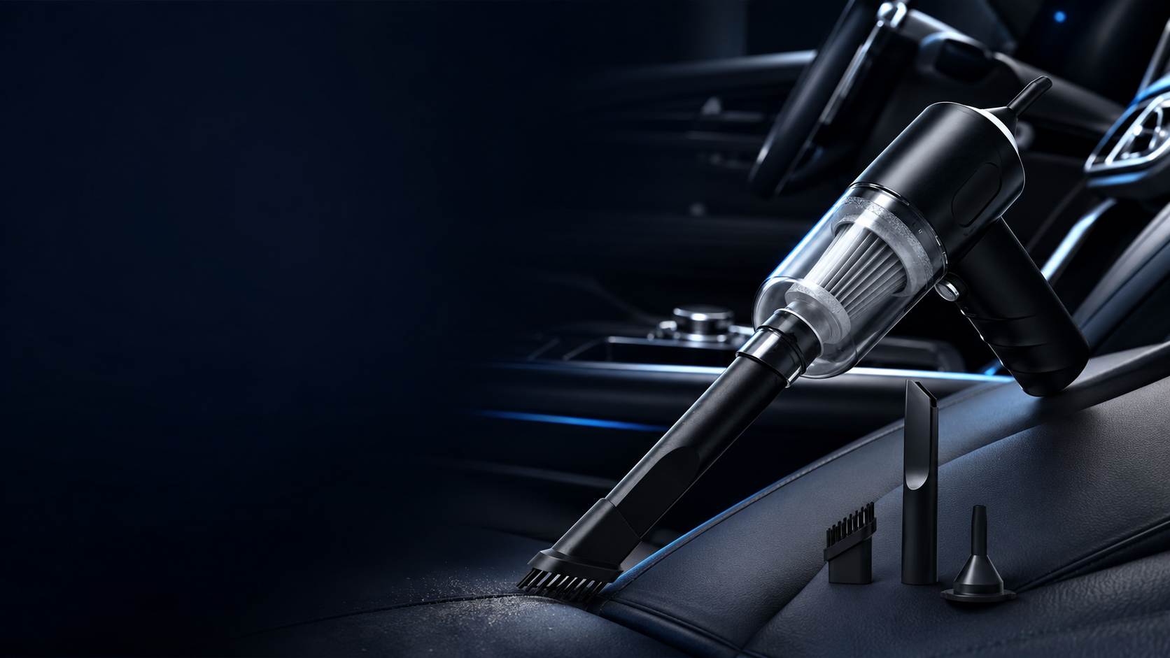 Cordless car vacuum cleaning a premium car interior