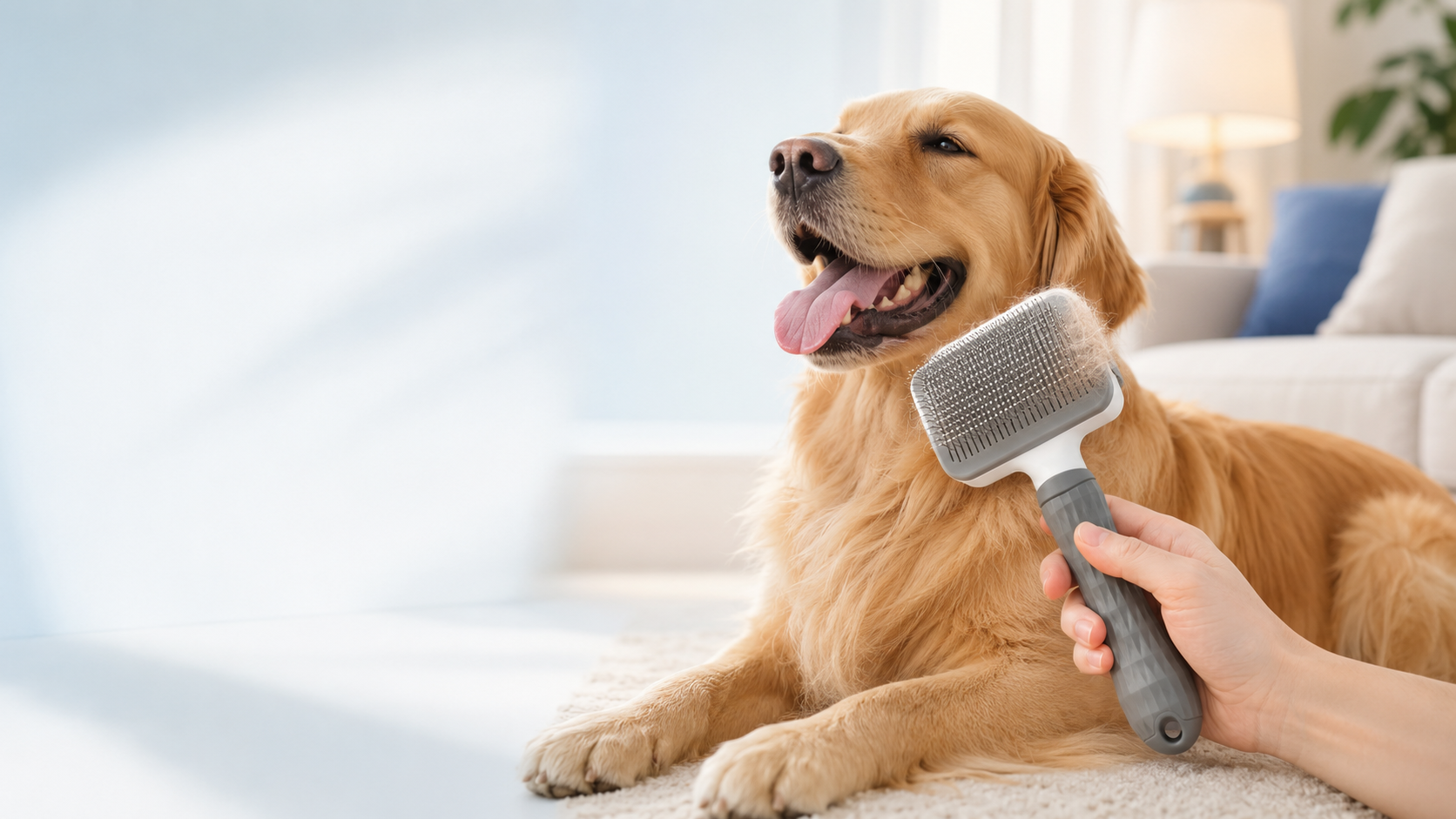 Self-cleaning grooming brush used on a golden retriever