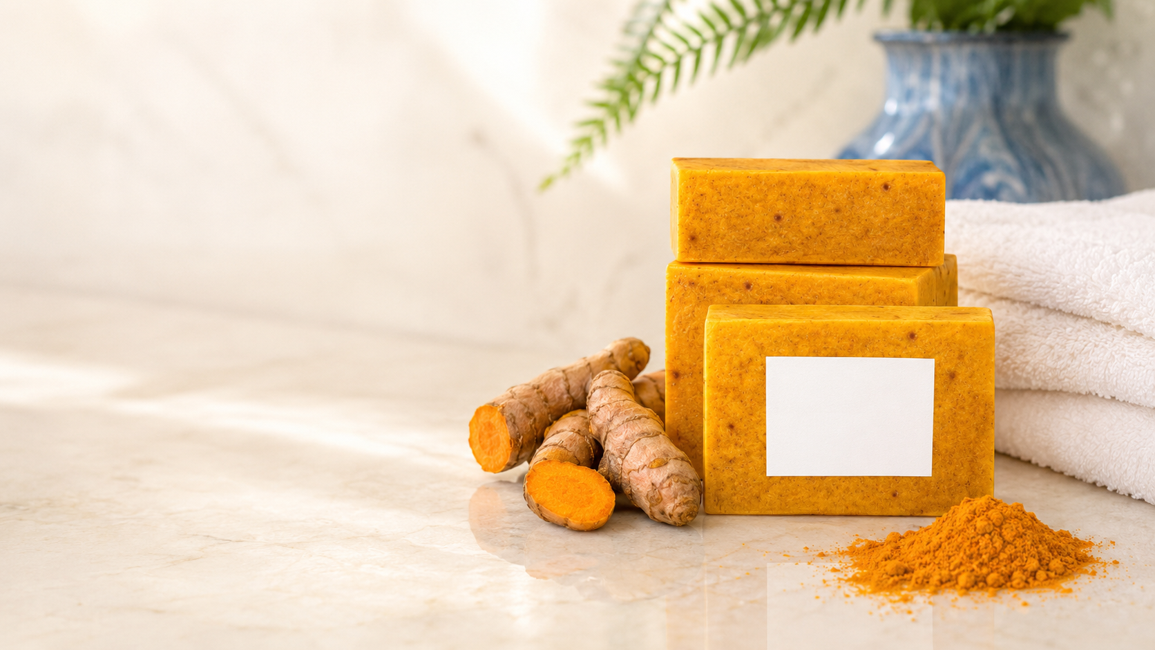 Turmeric and kojic acid cleansing bars in a bright bathroom
