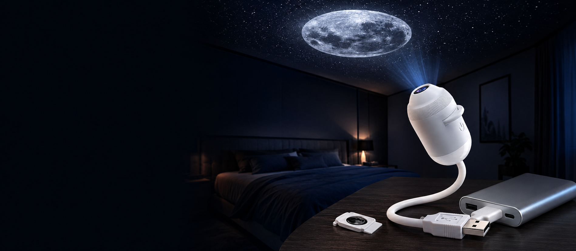USB star projector night light projecting a detailed moon and stars across a modern bedroom ceiling