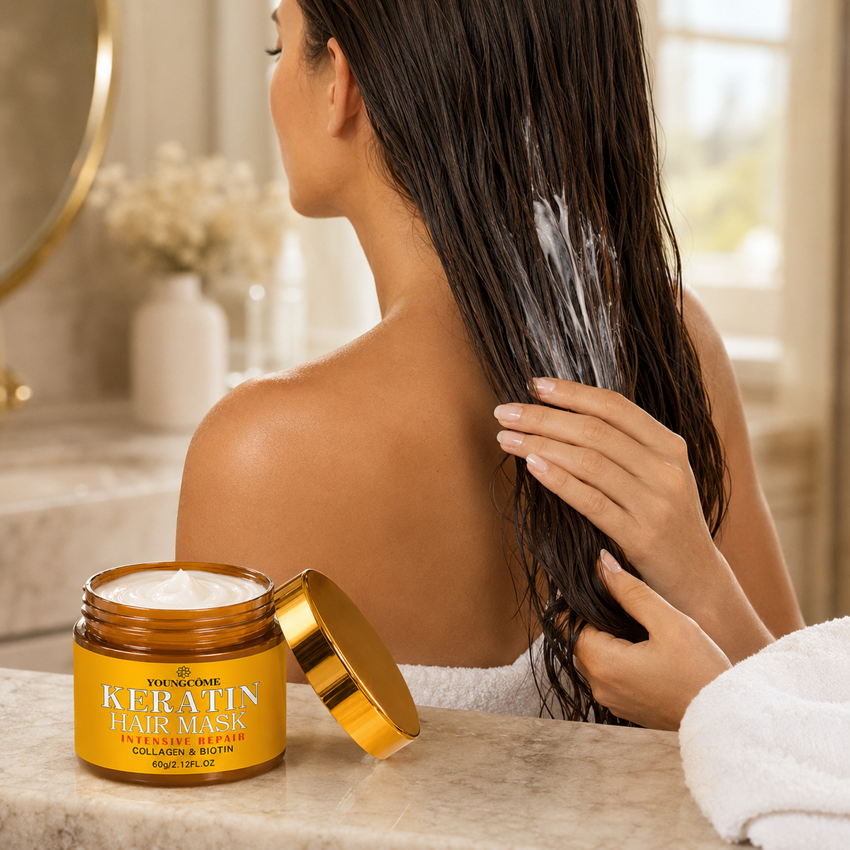 Keratin hair mask applied through damp hair