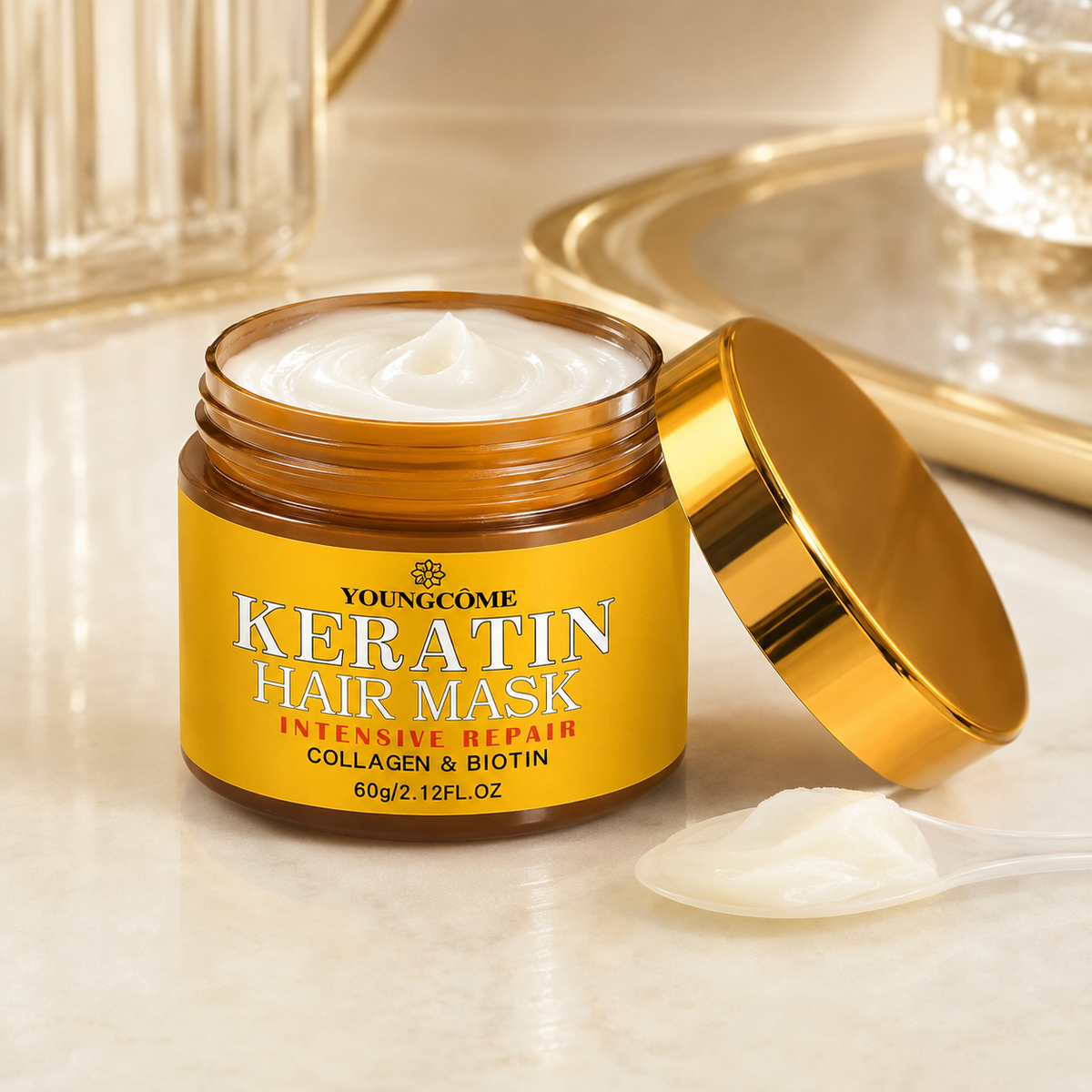 Keratin hair mask jar in a premium bathroom studio setting