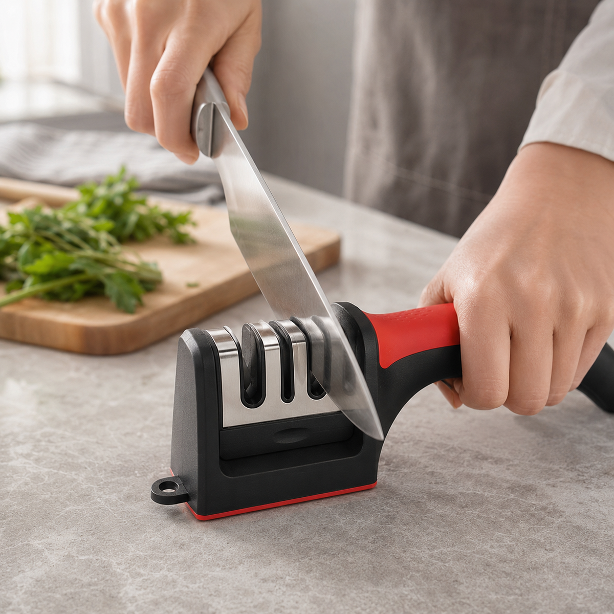 Four-stage handheld knife sharpener used on a kitchen counter