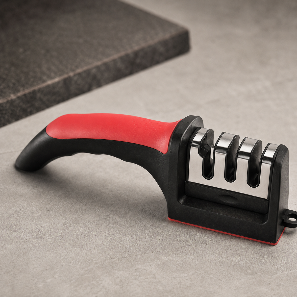Four-stage handheld knife sharpener in red and black