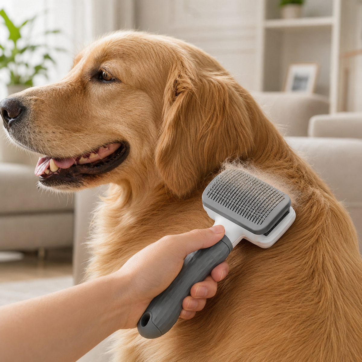 2-in-1 self-cleaning pet grooming brush used gently on a golden retriever