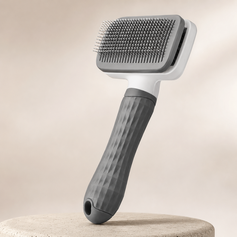 2-in-1 self-cleaning pet grooming brush in a premium studio setting