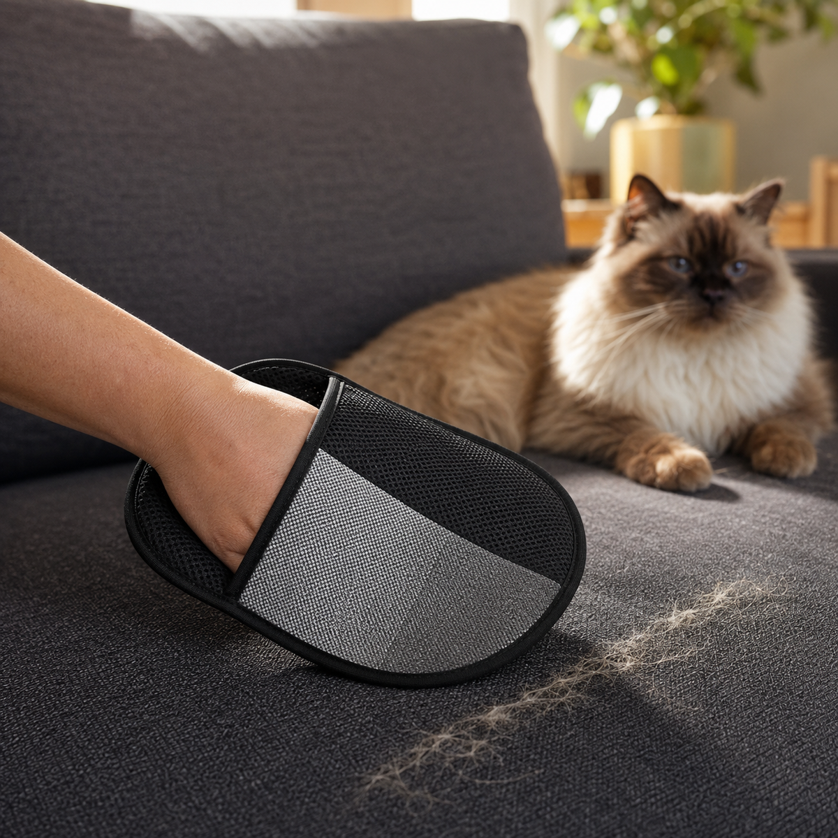 Reusable pet hair removal glove cleaning a fabric sofa