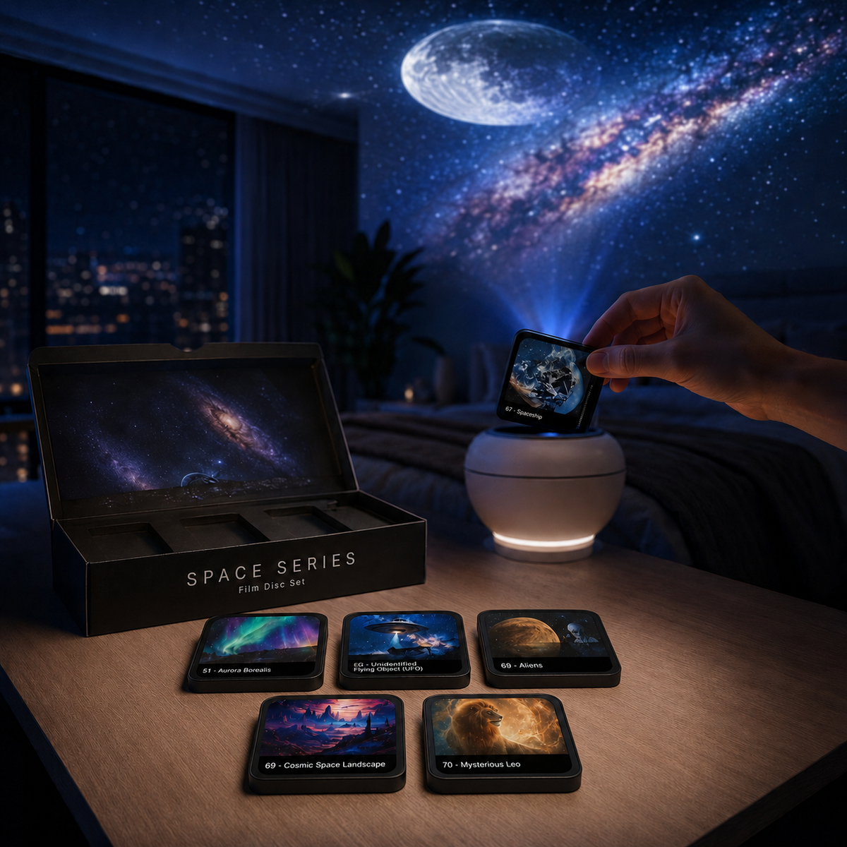 Six projector image discs shown beside a compatible projection lamp