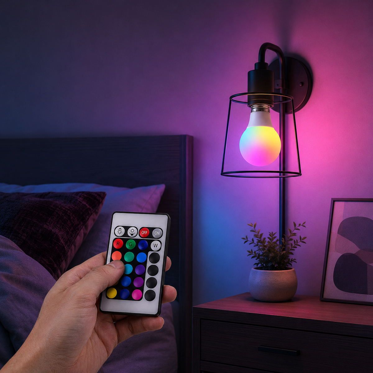 E27 RGB LED bulb creating colorful bedroom lighting