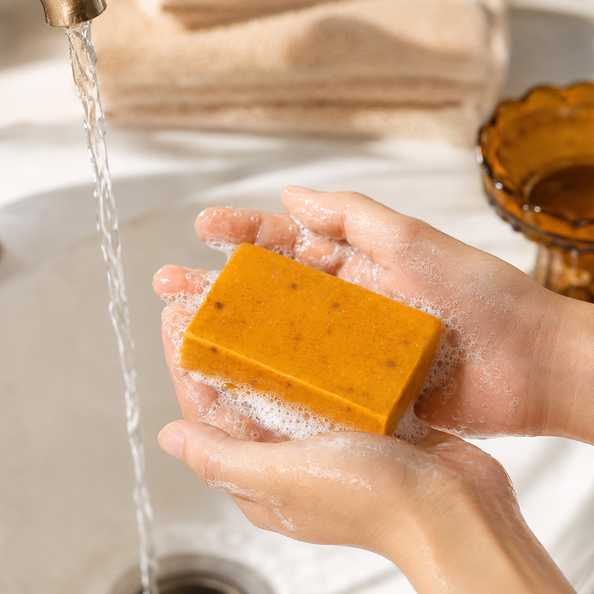Turmeric and kojic cleansing bar lathered between adult hands