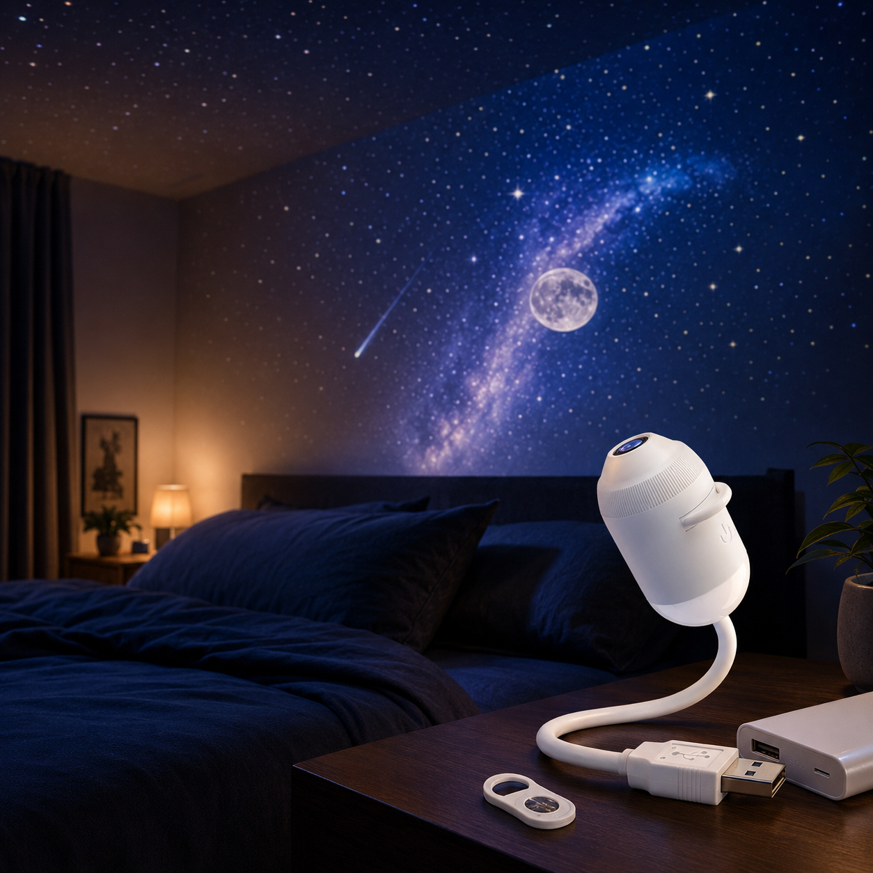 USB star projector night light creating a celestial bedroom atmosphere
