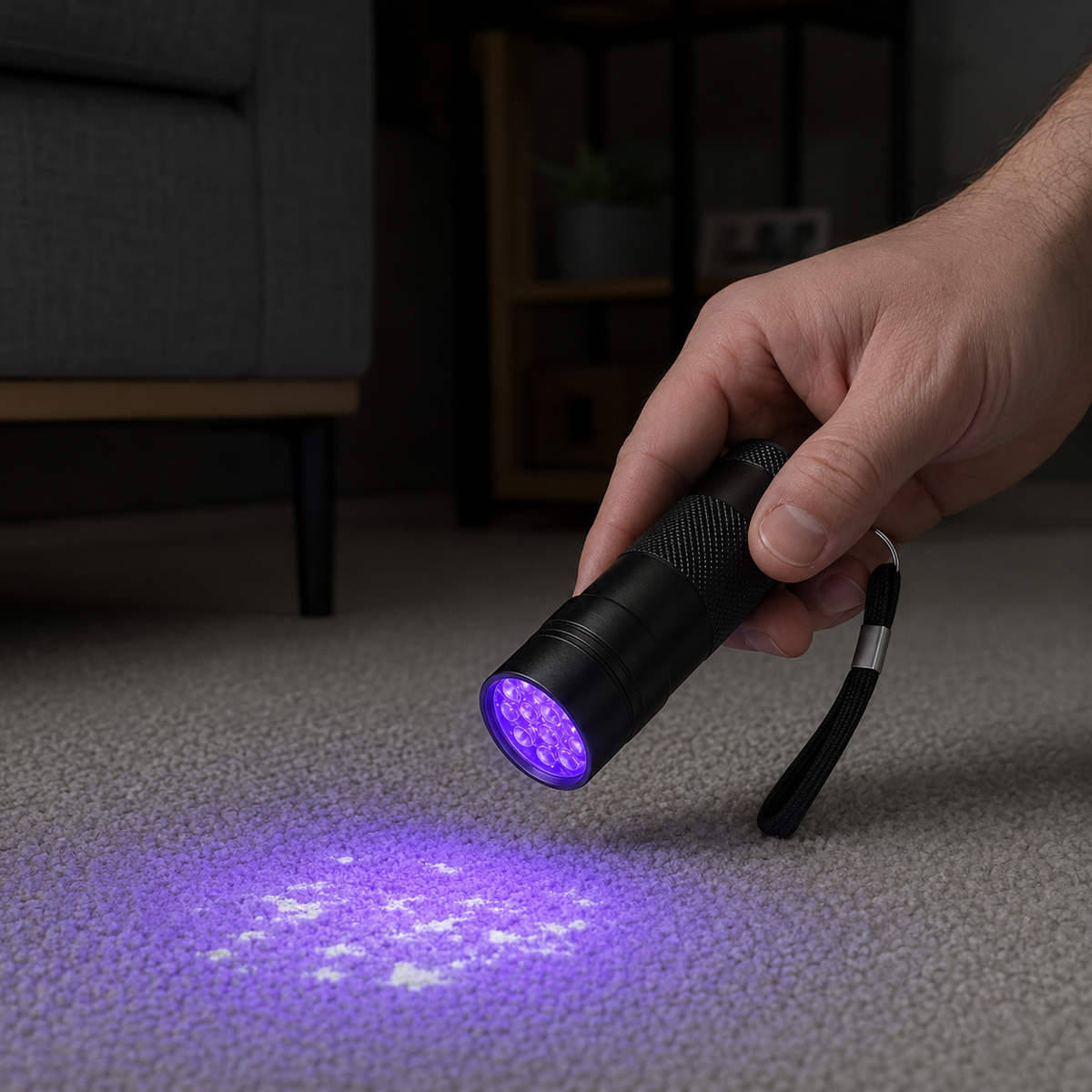 395 nm UV flashlight illuminating a carpet in a home