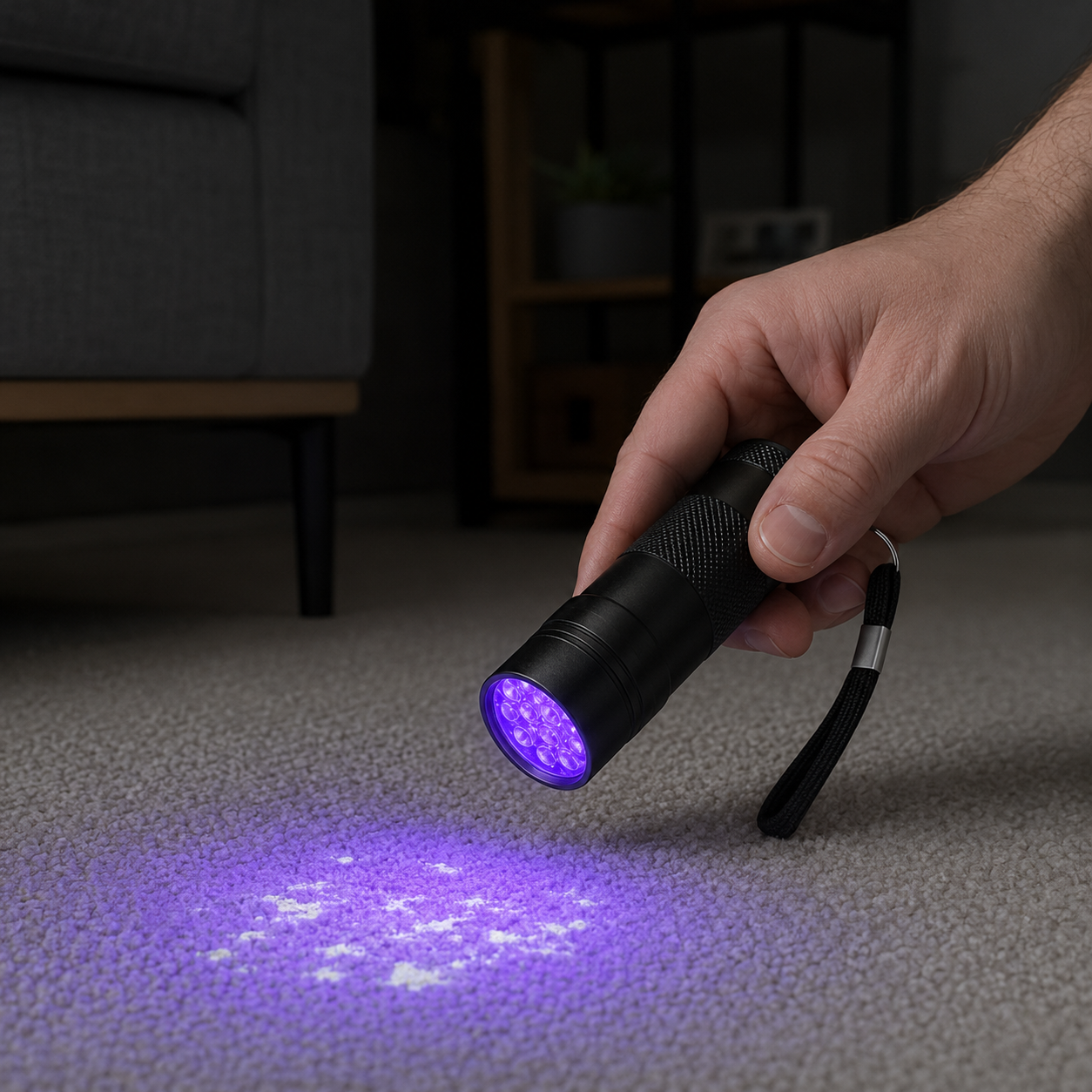 395 nm UV flashlight illuminating a carpet in a home
