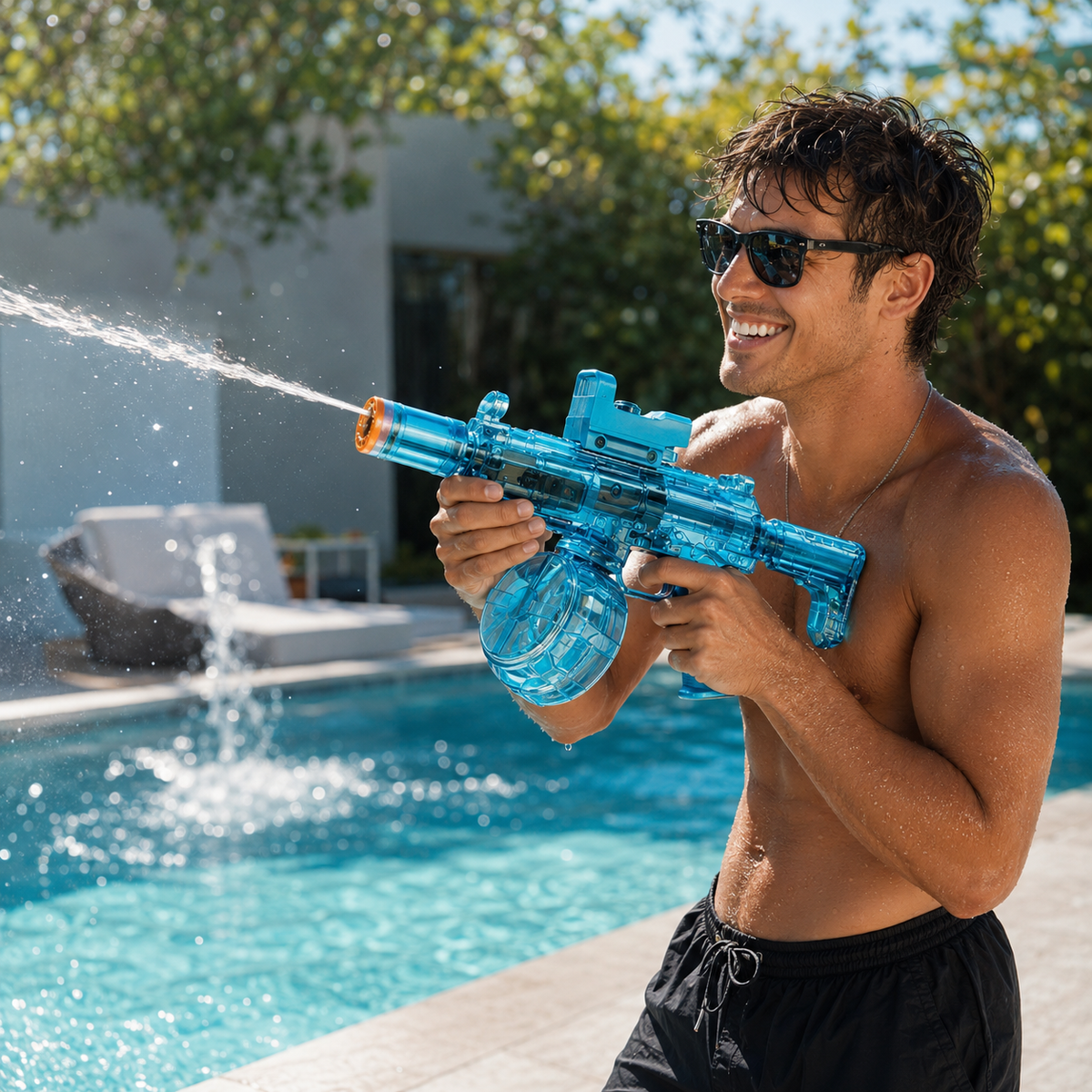Transparent blue electric water blaster toy used beside a swimming pool