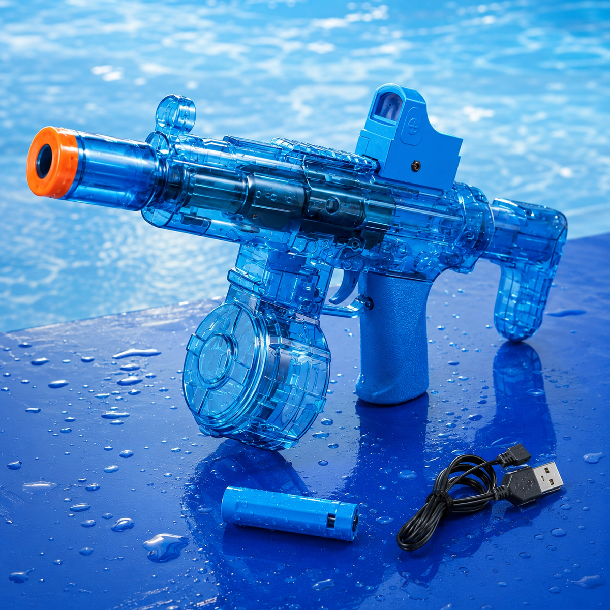 Transparent blue rechargeable electric water blaster toy with battery and USB cable