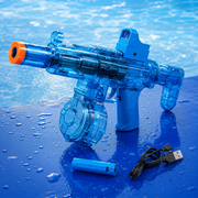 Transparent blue rechargeable electric water blaster toy with battery and USB cable
